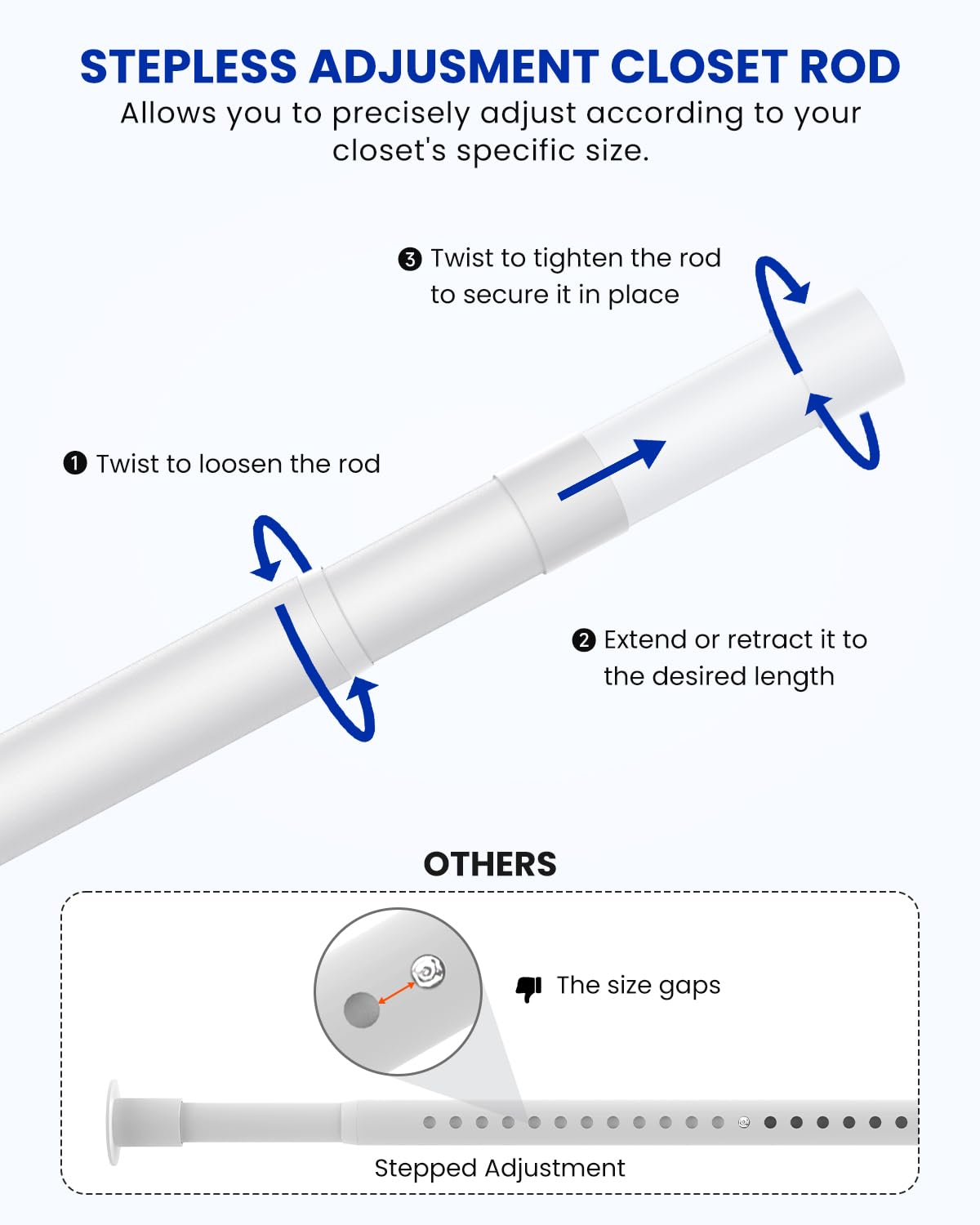Wardrobe Rail, 43 to 69 CM Stepless Adjustable Metal Rails To Hanging Clothes, 3.3 CM Heavy Duty Wardrobe Rails and Fittings for Closet Wardrobes