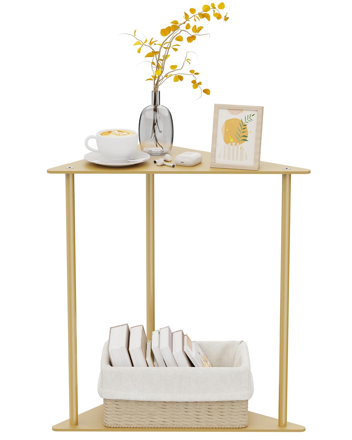 Yawinhe Triangle Metal Side Table,2-Tier Small Corner Table,Golden,1 Pack