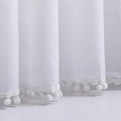 Snow White Sheer Curtains 52 x 90 Inch Bedroom Decorative Pompom Trimmed Voile Window Curtain for Living Room Light Weight Linen Look Solid Pencil