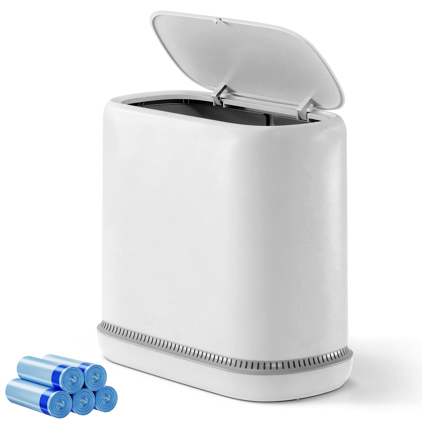 TidyTale Bathroom Trash Can with Lid, Small Slim Garbage Bin with Inner Bucket, Dog Proof Press Top Lid Narrow Wastebasket, Hidden Bag Design