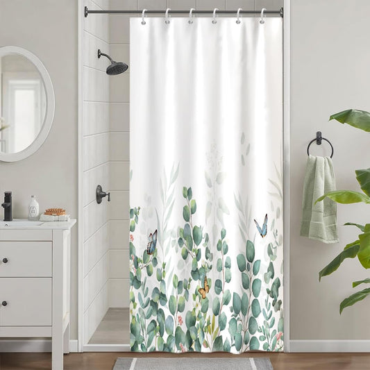 Uiiooazy Eucalyptus Stall Shower Curtain, Sage Green Leaves Floral Butterfly Bath Curtain Mildew and Mould Resistant Waterproof Polyester Fabric