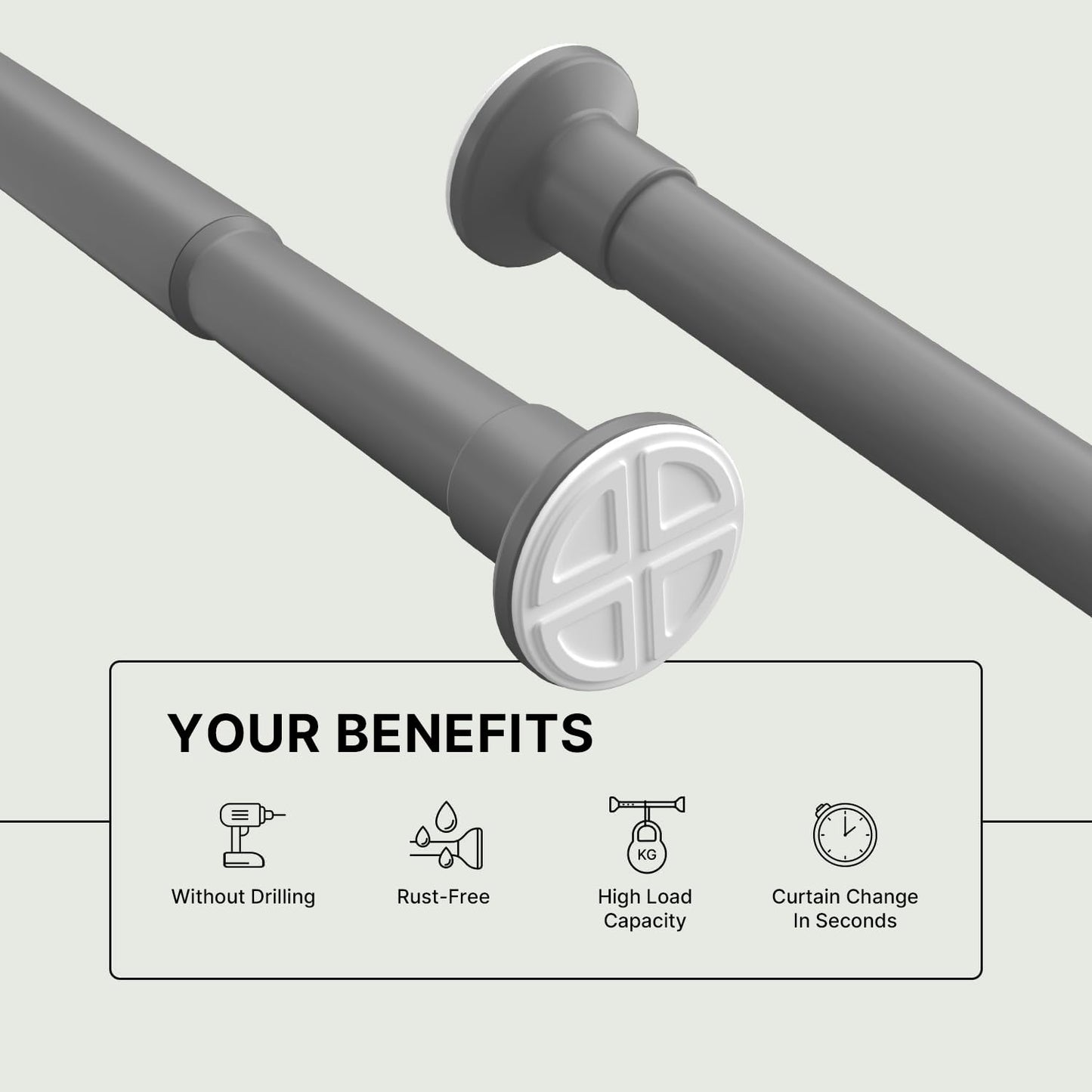 MEISENBERG Shower Curtain Pole Gray, Extendable Curtain Poles 90-160 cm - Ø 25 mm Diameter, Shower Rail Extendable No Drill - for Bathroom
