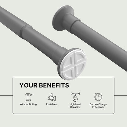 MEISENBERG Shower Curtain Pole Gray, Extendable Curtain Poles 90-160 cm - Ø 25 mm Diameter, Shower Rail Extendable No Drill - for Bathroom