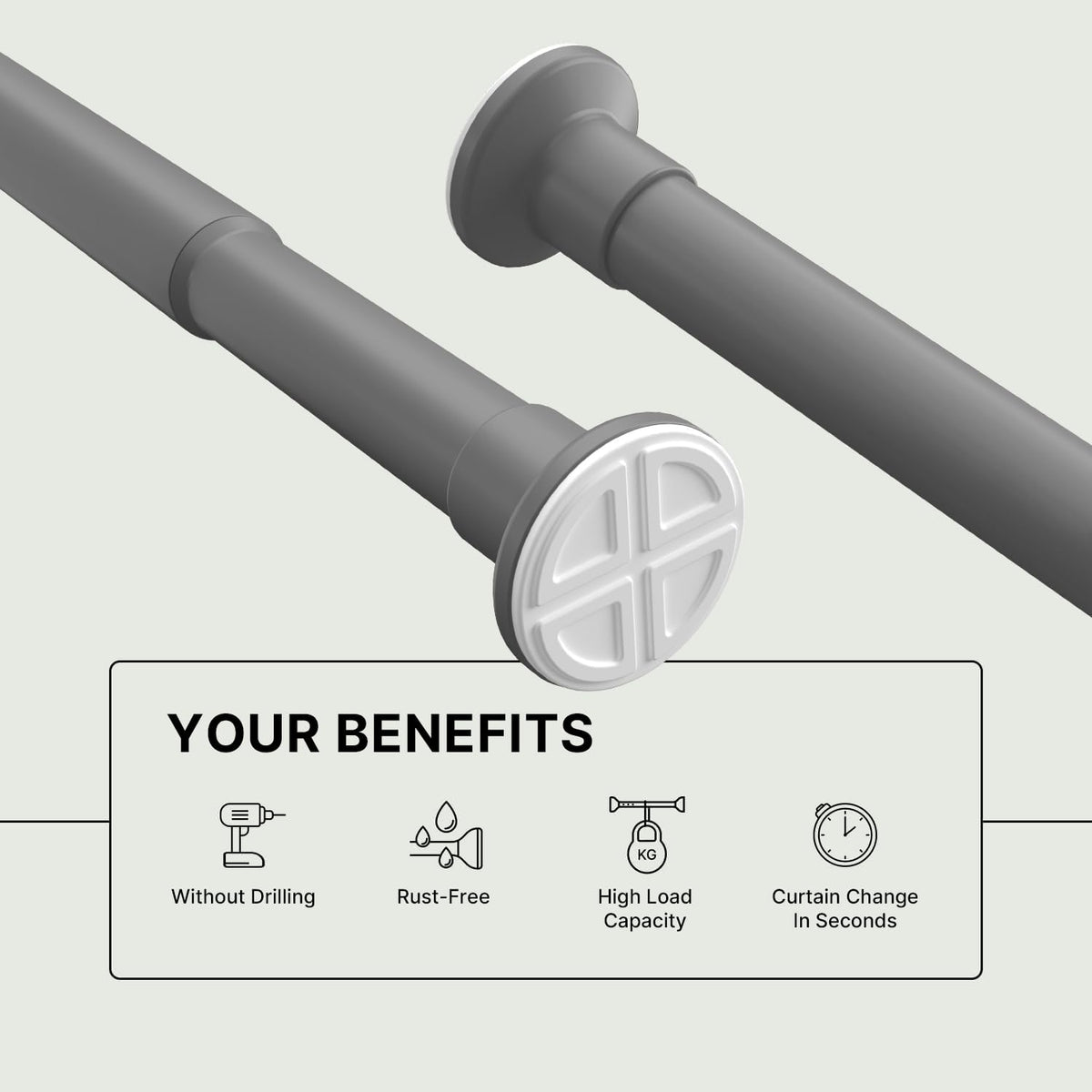 MEISENBERG Shower Rail Gray, Tension Rods for Curtains 40-70 cm | 16-28 inch - Ø 25 mm Diameter, No Drill Extendable Telescopic Pole - for Bathroom