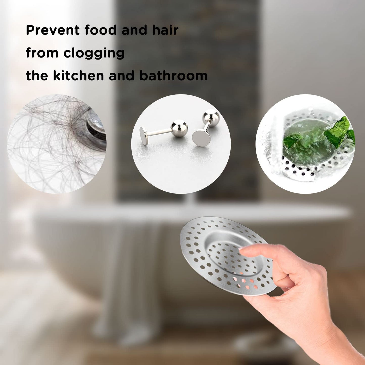2pcs Kitchen Bathroom Sink Strainer, Stainless Steel Drain Filter, Bath Drain Protector, Shower Drain Cover Hair Trap Catcher Stopper Plug