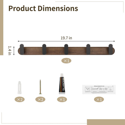 Varku Coat Hooks Wall Mounted, Walnut Wood Coat Hooks, Coat Rack Wall Mounted with 5 Hooks, No-Drill Installation