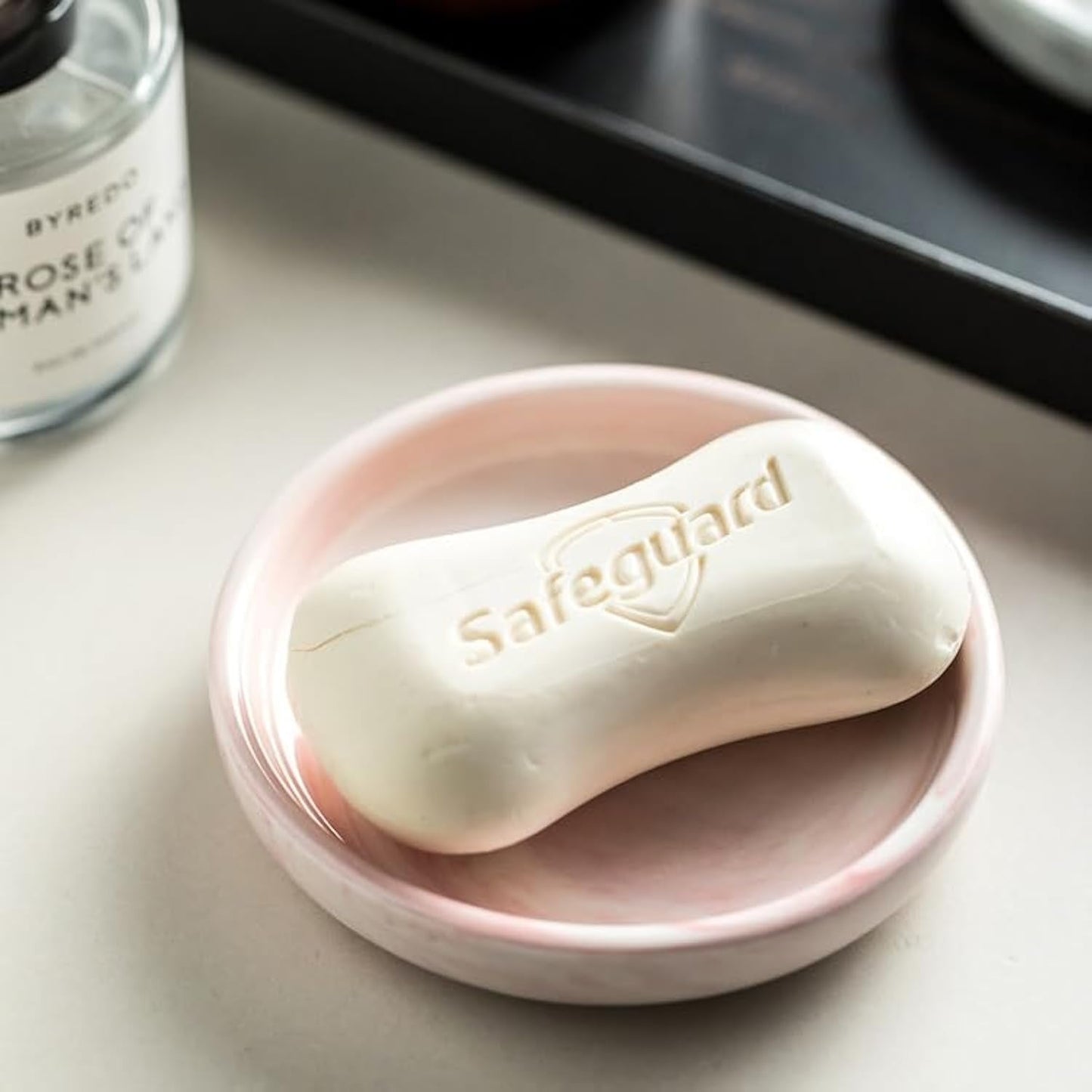 Round Marble Soap Tray, Small Ceramic Soap Dish, Cute Trinket Plate (Pink)