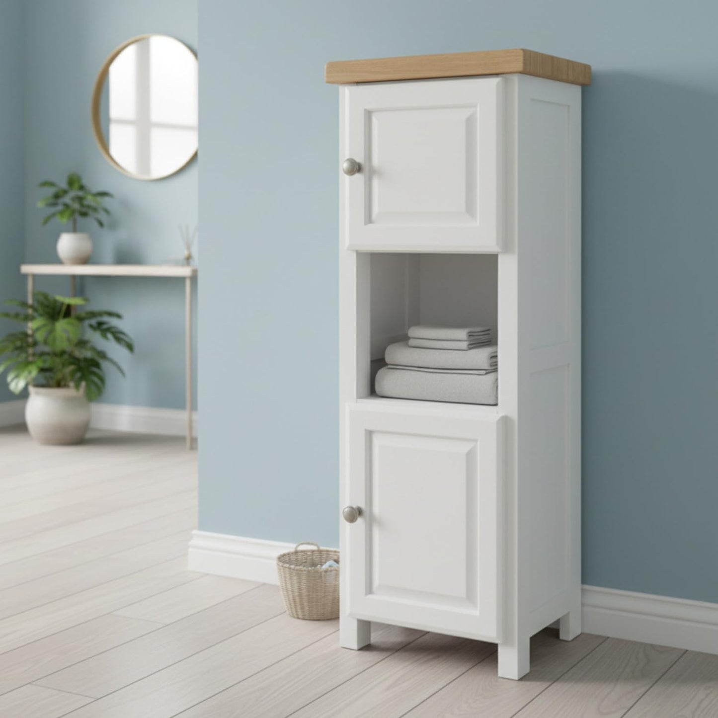 GROF GROFurniture Tall White Slim Cabinet Hallway Storage or Livingroom Unit, Corner Display Unit with Shelf