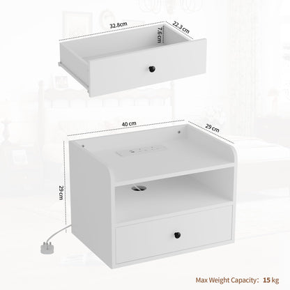 BonVache Set of 2 Floating Bedside Tables, Wall Mounted Bedside Table with Charging Station, Floating nightstand with Open Shelf and Drawer
