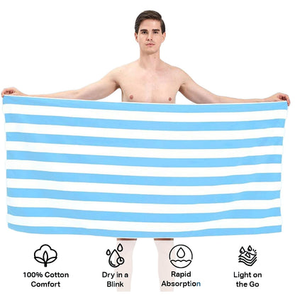 Large Quick Dry Microfibre Beach Bath Towel,Double Sides Light Blue White Striped Sand Free Beach Towel with Bag,Lightweight Gym Yoga Sports