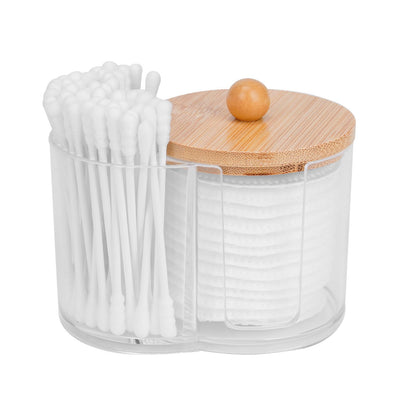 Adorila Compact Cotton Pad and Cotton Bud Holder with Bamboo Lid, Clear