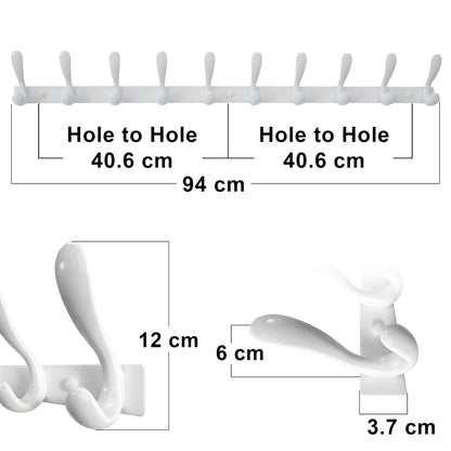 HONSKY Wall Mounted Coat Rack - 94cm Long Heavy Duty Metal 10 Double Hook, Sturdy & Space-Saving, for Hallway,Bedroom, Entryway, Holds Jackets