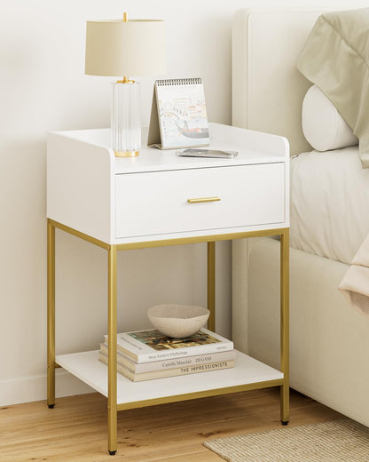 HEYZOEY Bedside Table, 3-Tier Bedside Cabinet with Storage Drawer and Open Shelf, Small End Side Table with Gold Legs for Bedroom, Living Room