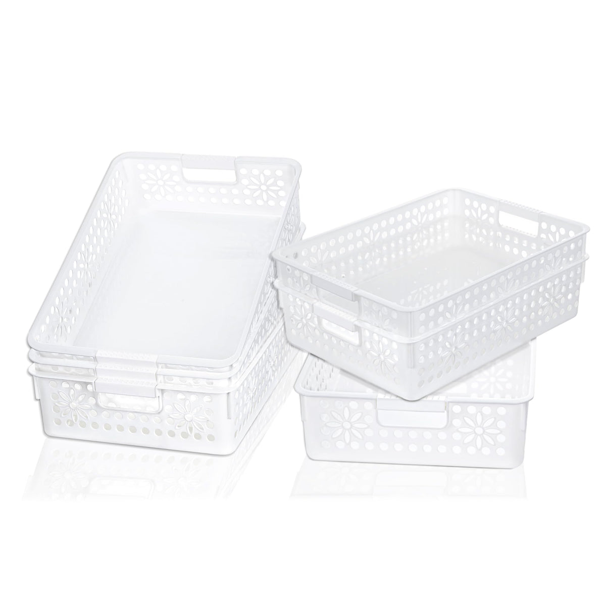 Cetomo Plastic Storage Box, Storage Baskets with Handle, Shelf Basket Organizer with Hole, Open Top Storage Bin for Home Kitchen Office, White