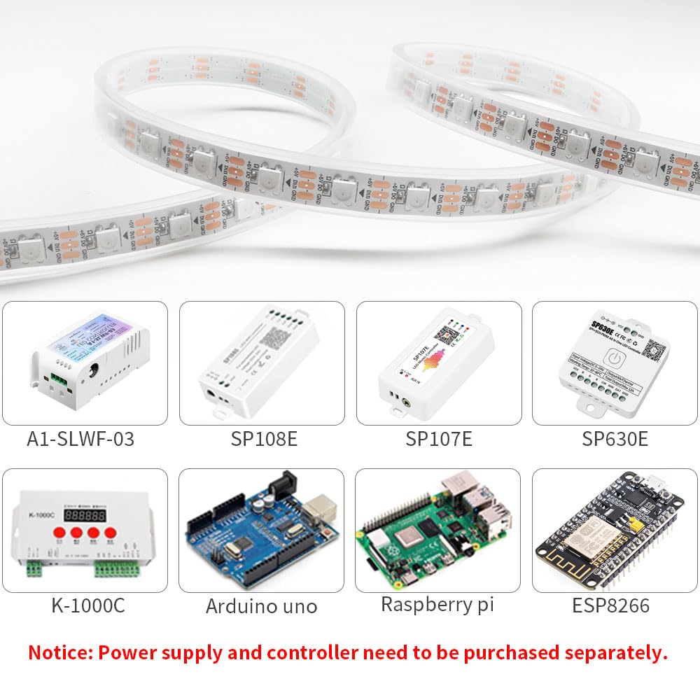 LOAMLIN WS2812B Individually Addressable RGB LED Strip 16.4FT 5050SMD Smart Flexible Dream Full Color 60Pixels/m White PCB Light IP67 Waterproof DC5V