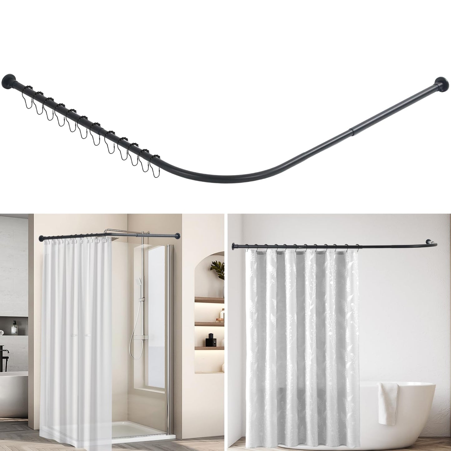 L Shaped Shower Curtain Rail, Extendable Shower Curtain Pole, Stainless Steel Curved Curtain Pole, Shower Curtain Rod with 12 Hooks for Bathroom