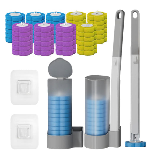 Disposable Toilet Brush 2 Pack Toilet Brush Disposable with 54 Replacement Sponge Brush Heads and Holder, Quickly and Hygiene Clean Toilets, Showers