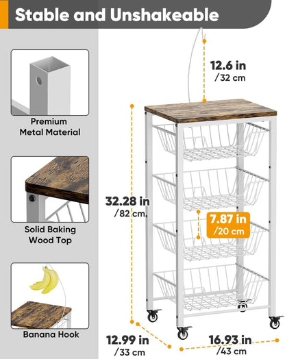 Garbuildman 5-Tier Kitchen Storage Cart with Pull-Out Wire Baskets - Fruit & Vegetable Organiser with Wooden Top & Banana Holder for Pantry