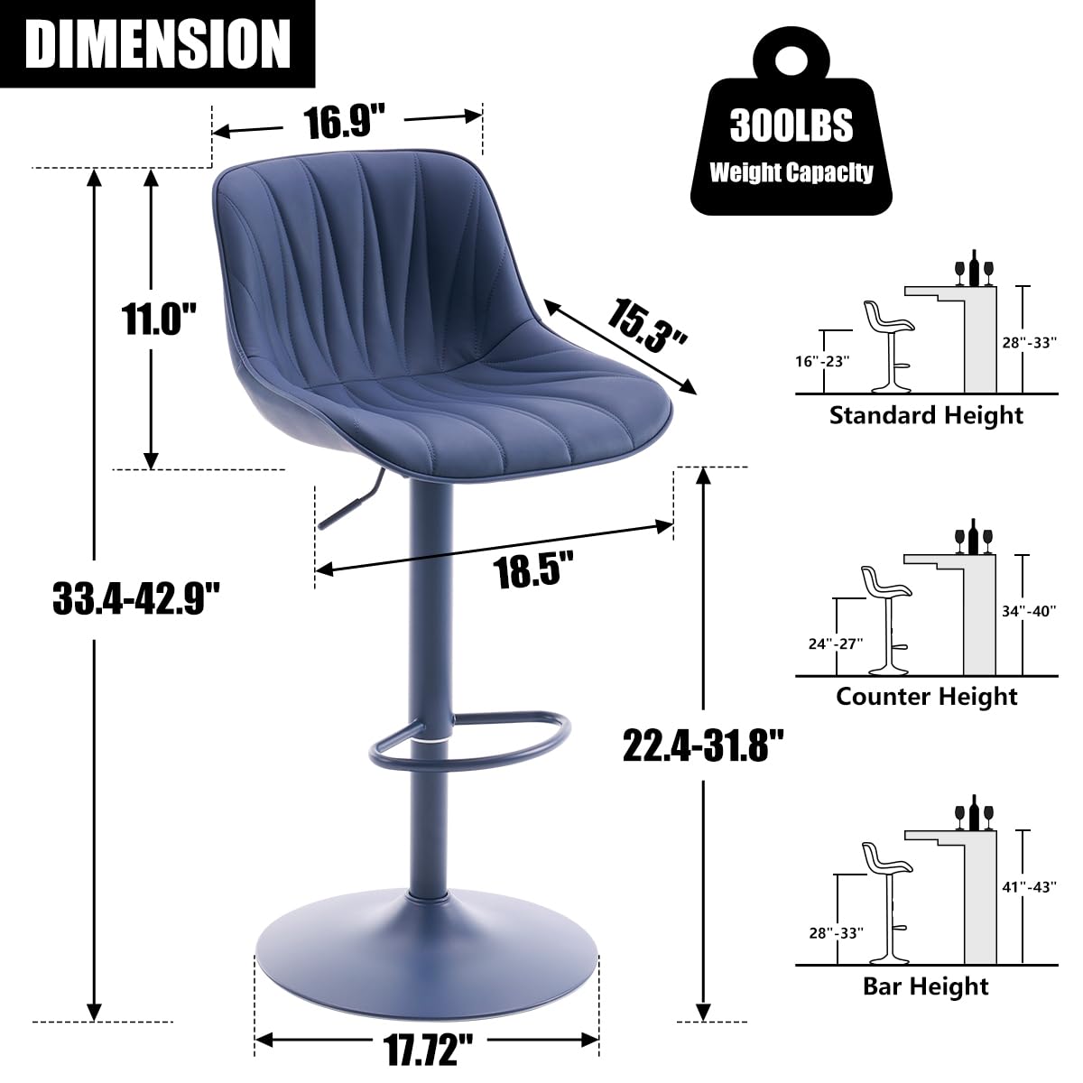 YOUNIKE Bar Stools Set of 2, Modern Upholstered Faux Leather Barstools with Back, Swivel Tall Adjustable Counter Height Bar Chairs, Entirely Navy Blue