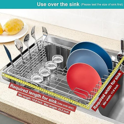 iPEGTOP Expandable Dish Drying Rack and Utensil Cutlery Holder, 304 Stainless Steel Over Sink Dish Rack, Dish Drainer in Sink or On Counter, Rustproof