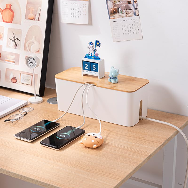 Cable Box with Bamboo Lid, Cable Management Organiser, Storage Box for Hiding Cables, Organising, Computer Wiring, 32 x 13.5 x 12.5 cm, White