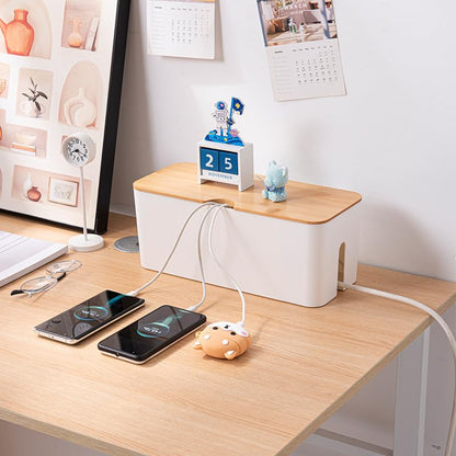Cable Box with Bamboo Lid, Cable Management Organiser, Storage Box for Hiding Cables, Organising, Computer Wiring, 32 x 13.5 x 12.5 cm, White