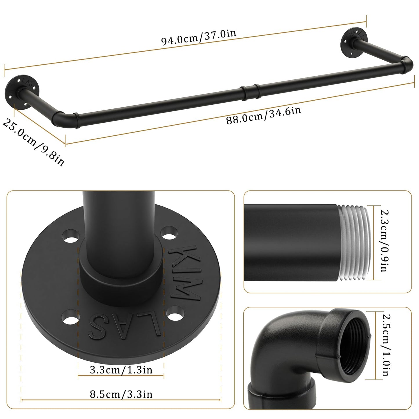 Yawinhe Industrial Pipe Clothes Rack,94cm Wall Rails,1 Pack,Black