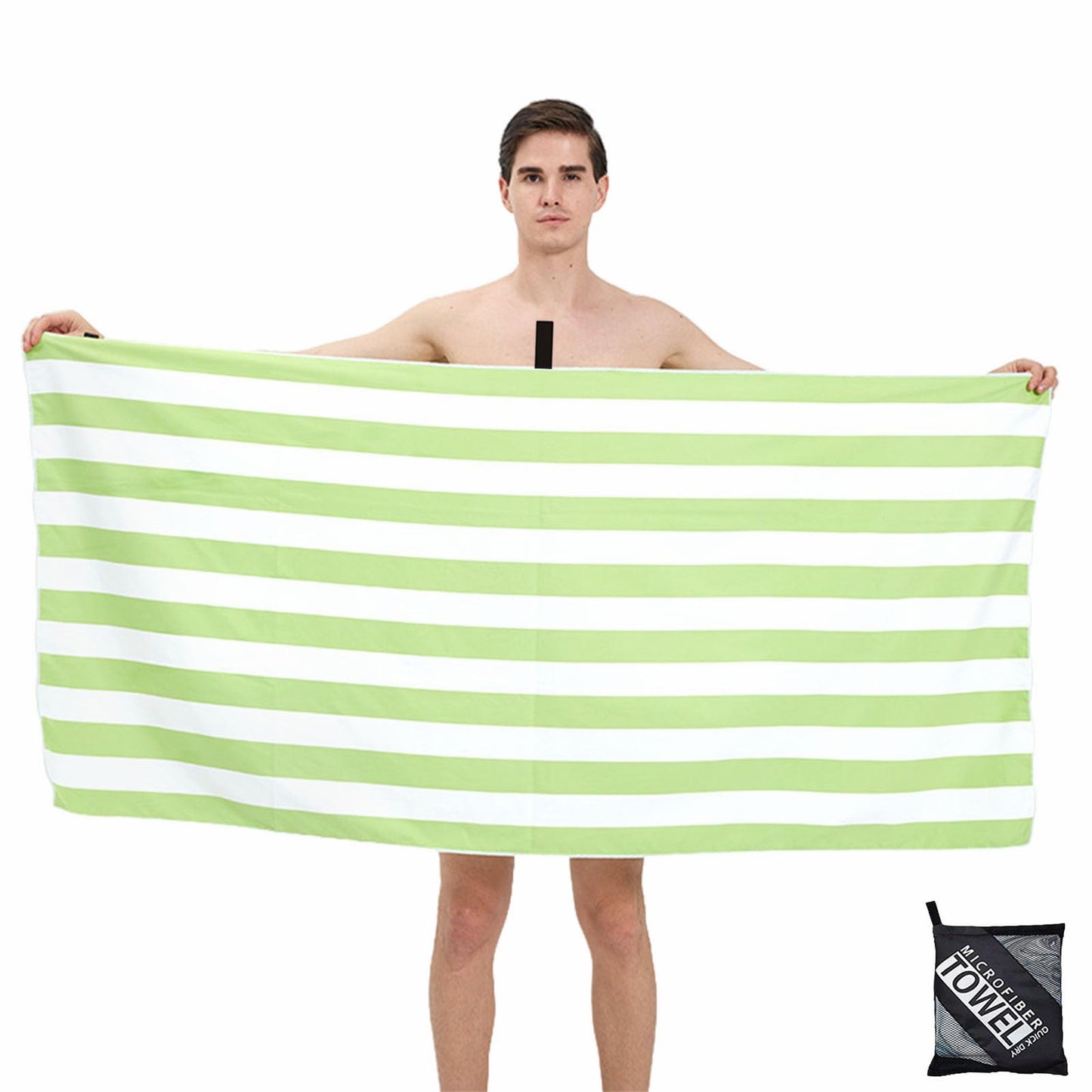Large Microfibre Beach Towel for Adult,160x90cm Double Side Green Striped Sand Free Beach Towel,Lightweight Quick Dry Travel Swim Towel with