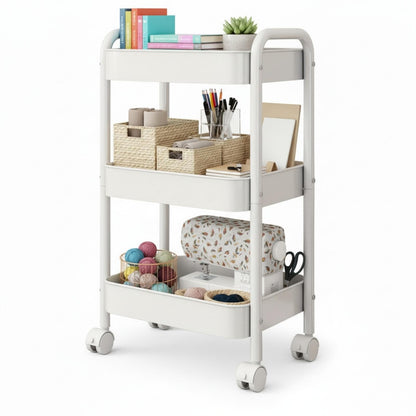 Nikphobos 3 Tier Storage Trolley, Metal Trolley Rolling Utility Cart on Wheels with Hooks, Multi-Purpose Organizer for Kitchen Bathroom Bedroom Office