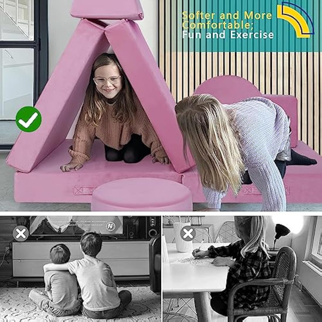 MeMoreCool Kids Play Sofa Bed, Modular Toddler Armchair Couch Chair for Bedroom Playroom, 8-Piece Fold Out Couch Play Set, Creative Baby Couch Children Convertible Sofa, Pink
