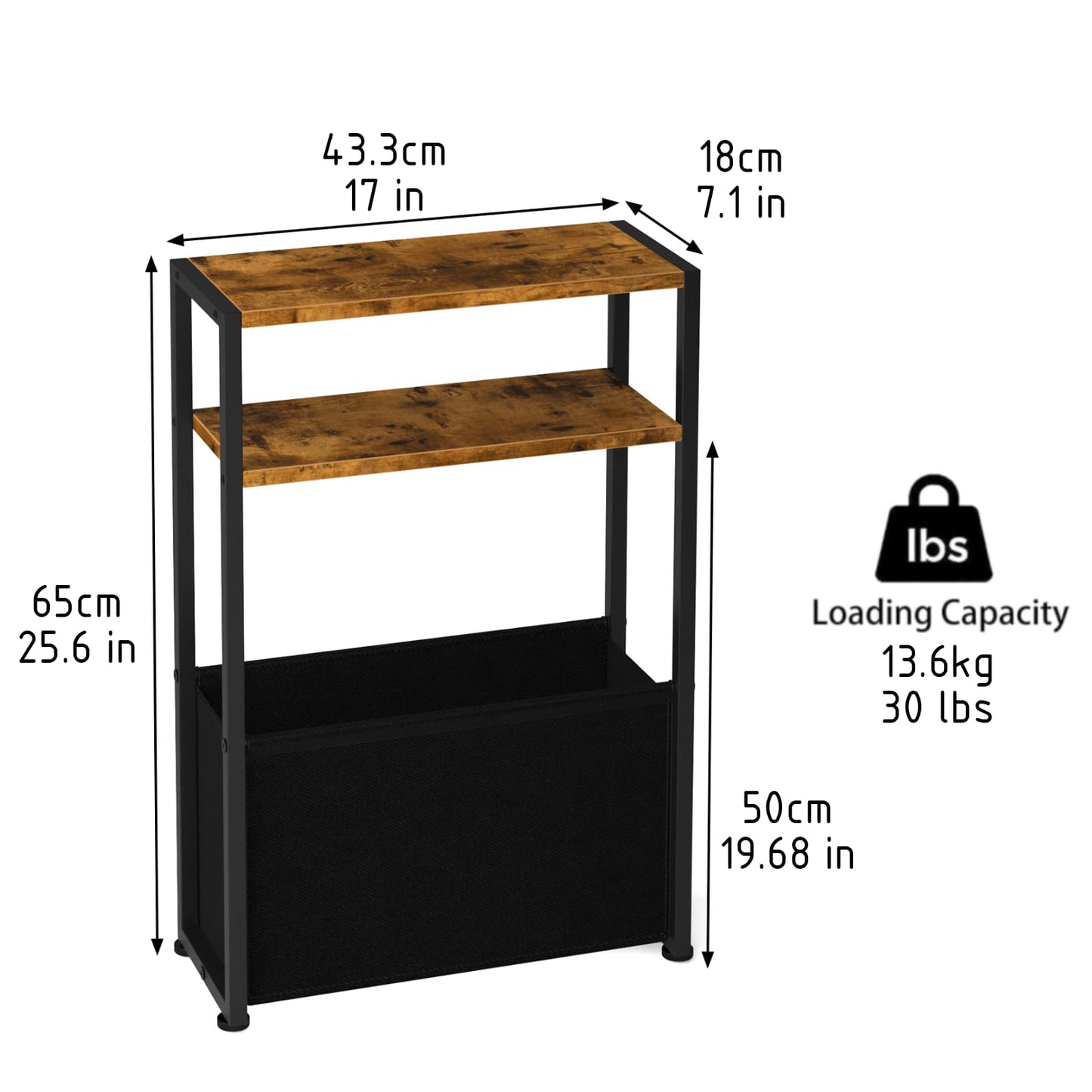 JERX Narrow Side Table with Fabric Basket, End Table for Small Spaces, Slim Side Table with Magazine Rack for Living Room Office Bedroom and Bathroom