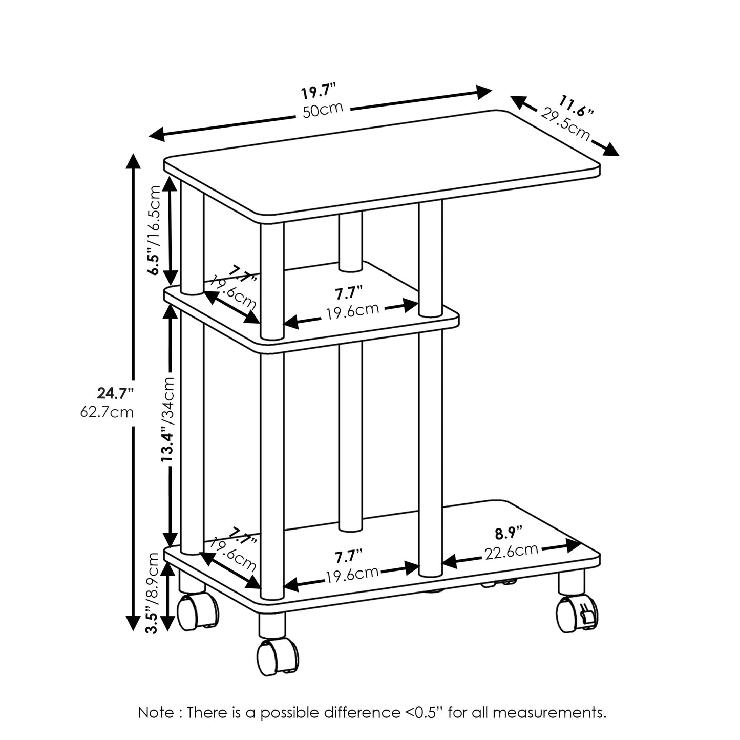 Furinno TURN-N-TUBE Side Table, 3-Tier C-Shape End Table with Wheels, Toolless Assembly Night Stand, Bedside Table with Open Shelf, for Living Room