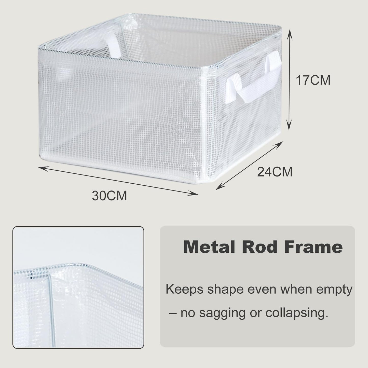 Goesort 3 Pack Storage Box with Steel Frame Support, Foldable Wardrobe Baskets with Handles, Clear Storage Baskets for Clothes, Toys, Towels, Office
