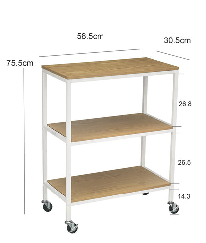 A ASPECT 3 Tiers Storage Trolley On Wheels With Wooden Shelves,Natural/White