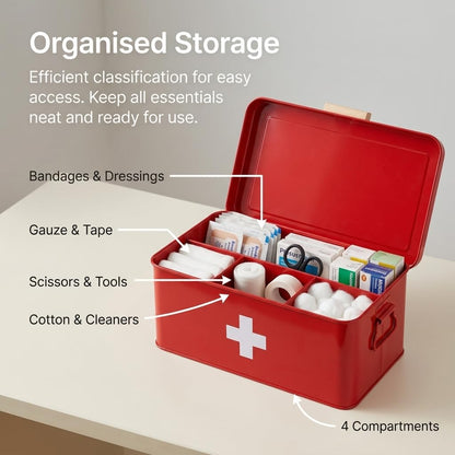 Punorric Medicine Storage Box, Metal First Aid Box with 4 Compartments, Medicine Cabinet Organiser with Handle, Medication Storage for Home, Office