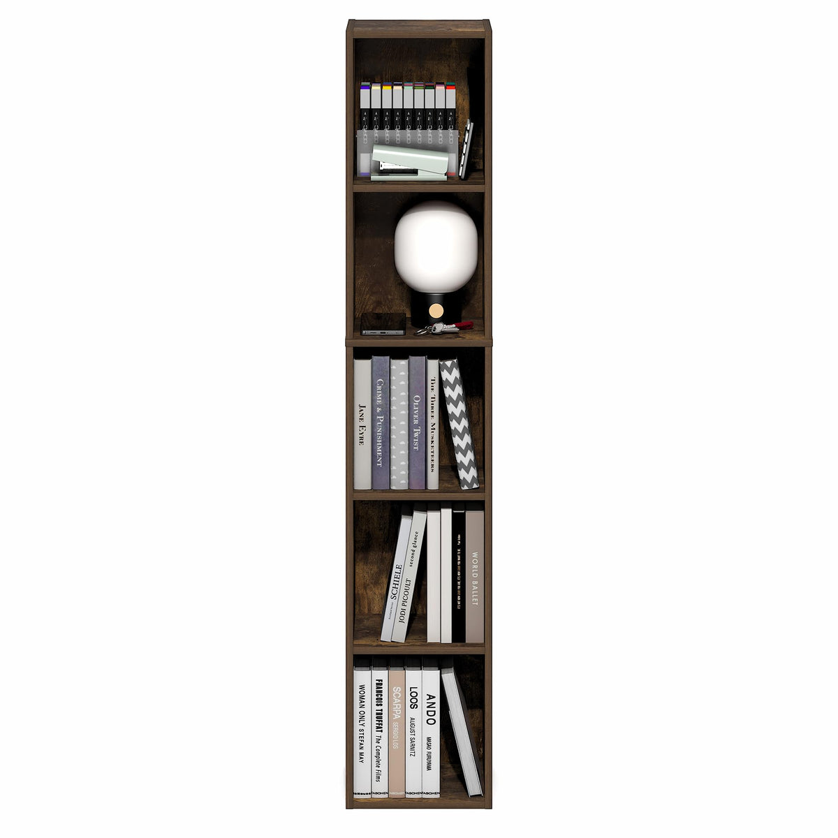 Furinno FULDA 5-Tier Tall Narrow Bookshelf, Standing Bookcase with 25.4 cm Width Storage Shelf, 23.6 x 24.9 x 131.8 cm, for Organization Storage