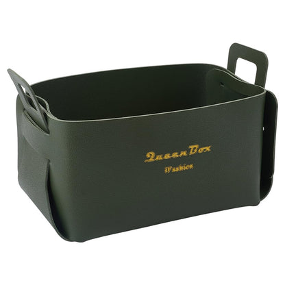 BEAMARKER Foldable Storage Basket Bin PU Leather Desktop Organizer Box Green Small Catchall Basket Rectangle Tray Double Handles for Entryway Bedside