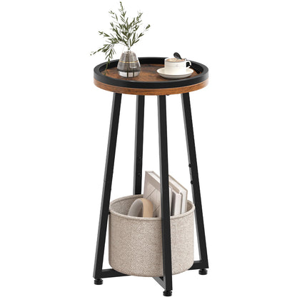 HOOBRO Round Side Table, 2 Tier Bedside Table with Storage Basket, Round Small Table Accent Corner Table Compact Sofa Table for Small Spaces