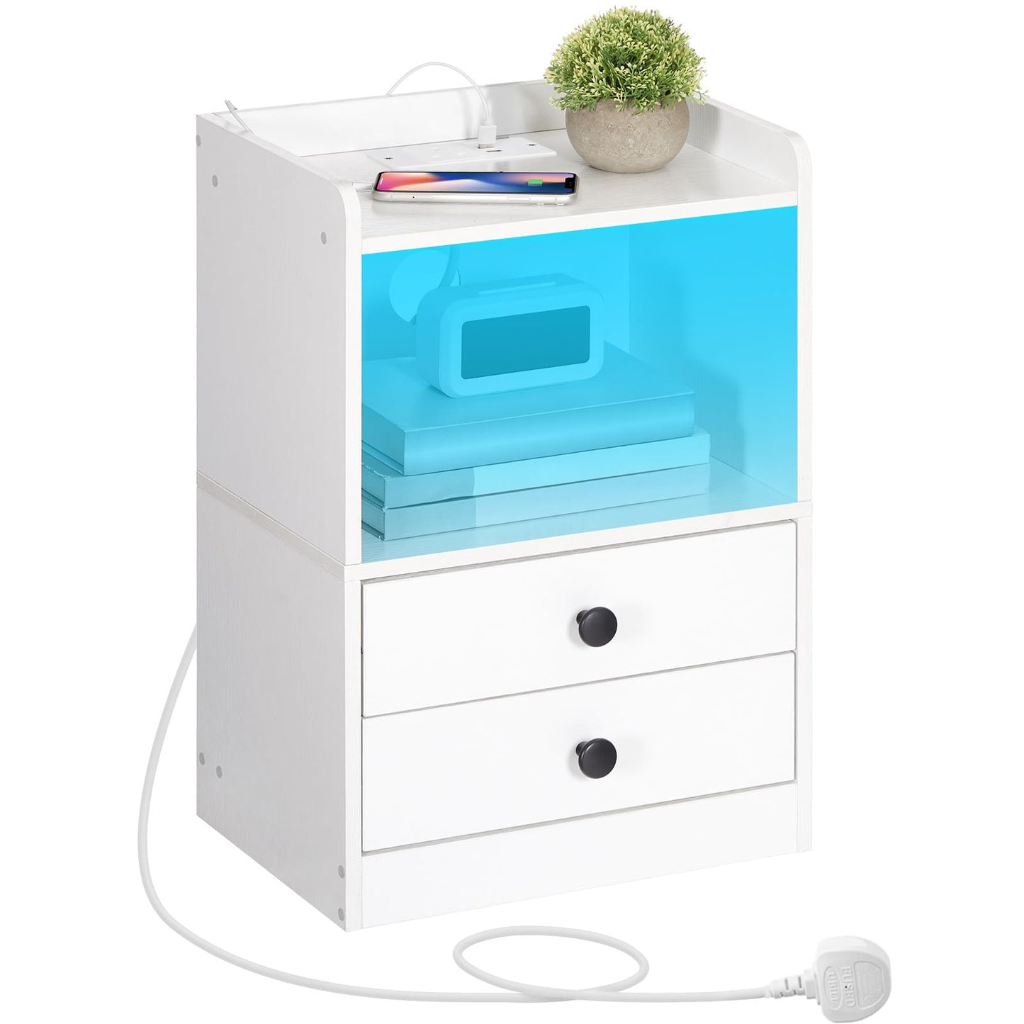 HOOBRO Bedside Table with Charging Station, Side Table with Adjustable LED Lights, Nightstand with 2 Drawers for Bedroom, Living Room, Cloakroom,