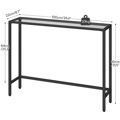 HOOBRO Black Console Table, Tempered Glass Sofa Table, Slim Hallway Table, Glass Console Table, 100 x 22 x 80 cm, Modern Display Table for Living