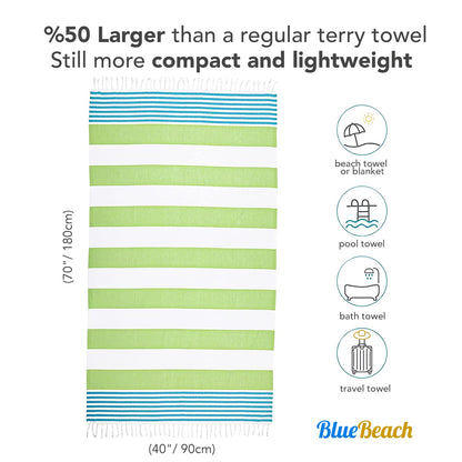 Blue Beach Turkish Towel - 100x180cm Large Turkish Hammam Peshtemal Towel - Super Absorbent, Quick Dry, Lightweight, Compact Towels for Swimming