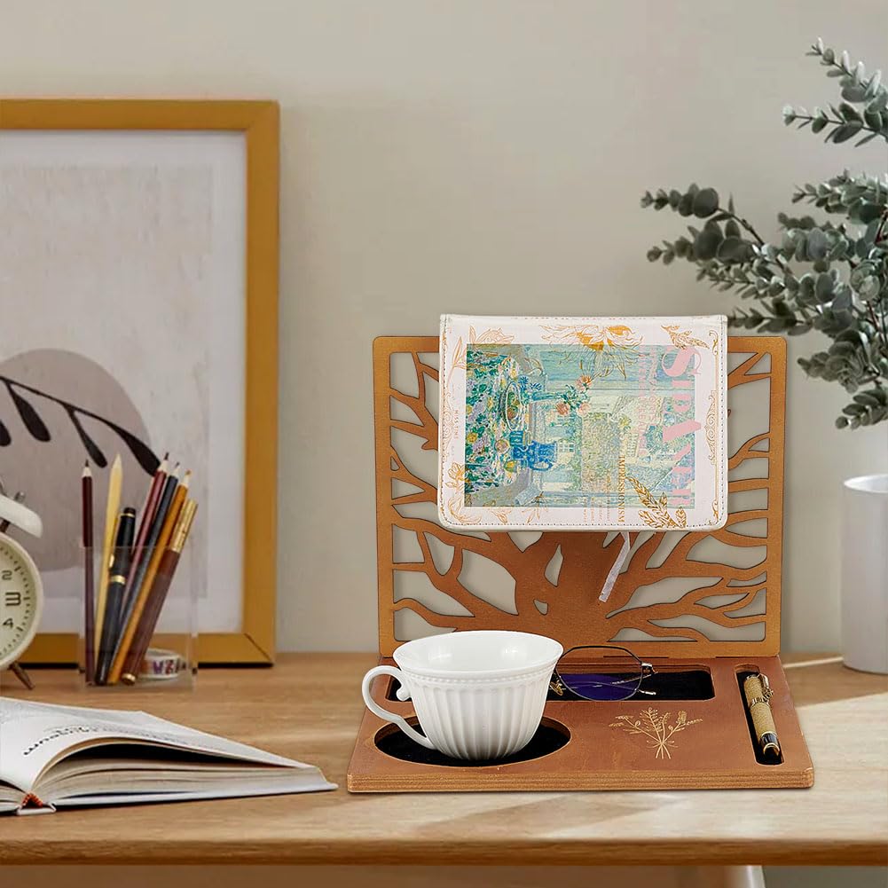 BENECREAT Wood Book Holder Stand, Multifunctional Book Nook Organizer with Cup, Glasses, Pen for Nightstand Desktop Christmas Birthday Gifts