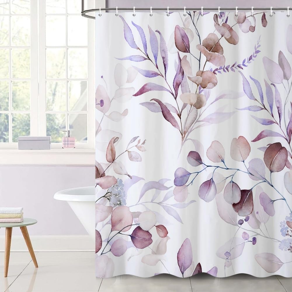 Uiiooazy Eucalyptus Shower Curtain, Pink Violet Leaves Floral Bath Curtain Mildew and Mould Resistant Waterproof Polyester Fabric Washable Opaque