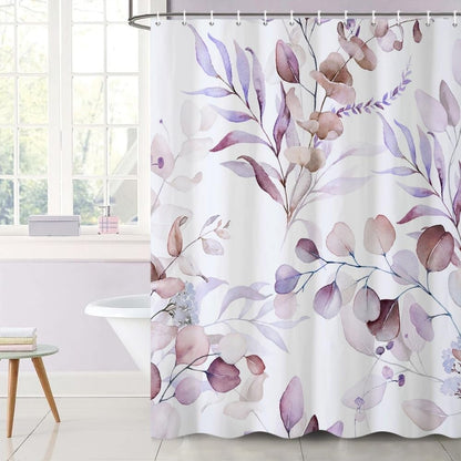 Uiiooazy Eucalyptus Shower Curtain, Pink Violet Leaves Floral Bath Curtain Mildew and Mould Resistant Waterproof Polyester Fabric Washable Opaque