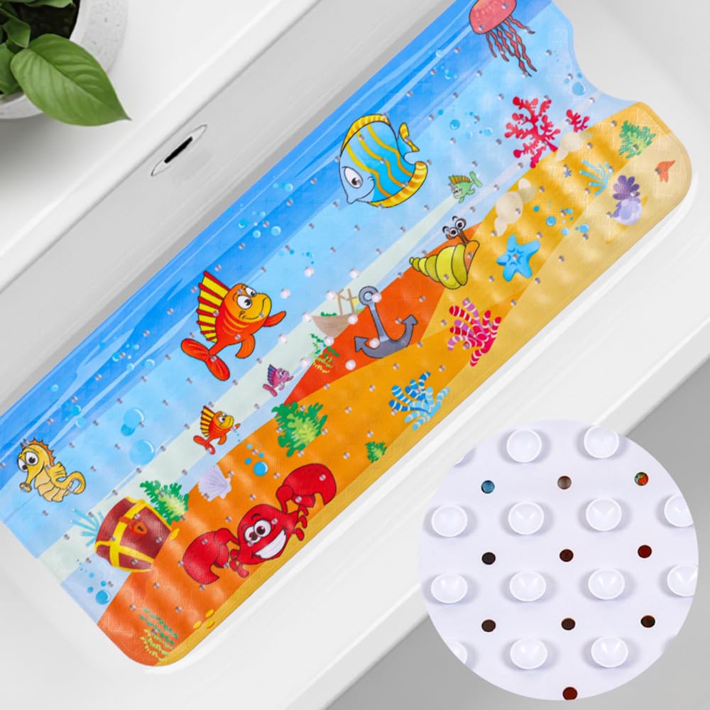 Dazhtu Baby Bath Mats Non Slip Anti Mould 100x40cm Bathtub Mats Extra Long Bath Shower Tub Mat with Suction Cup and Drain Holes,Undersea World Cartoon