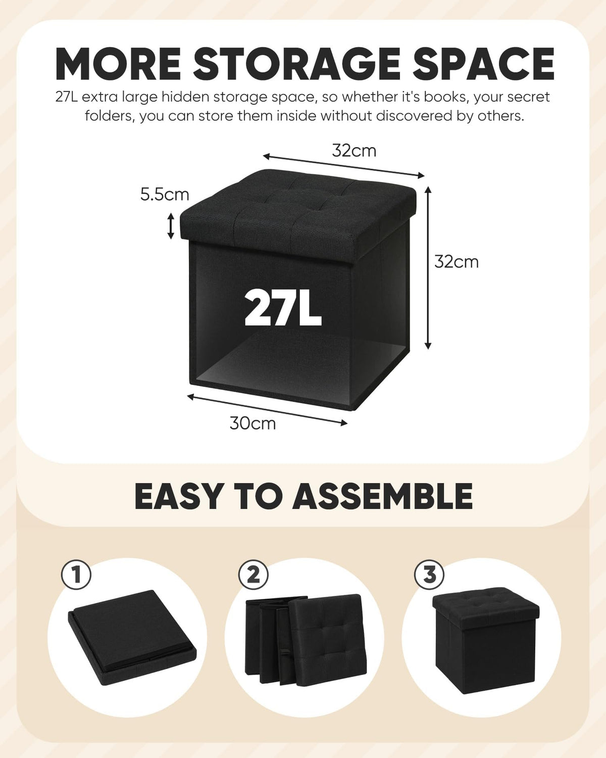 Bonlife Folding Ottoman Storage Box, Linen Black Cube Toy Chest with Lid, Multipurpose Footstool for Living Room, Bedroom & Nursery, 32x32x32cm