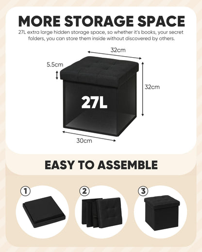Bonlife Folding Ottoman Storage Box, Linen Black Cube Toy Chest with Lid, Multipurpose Footstool for Living Room, Bedroom & Nursery, 32x32x32cm