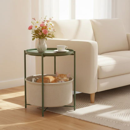 danpinera Round Side Table with Fabric Storage Basket, Metal Side Table Small Bedside Nightstand with Removable Tray for Living Room, Bedroom