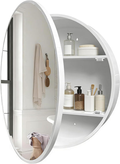 Janboe Round Mirror Cabinet,Aluminum Framed,Soft Close Hinge,71cm,White