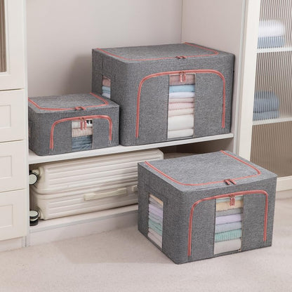 3Pack Clothing Storage Bags with Metal Frame，66L betterboxes Stackable Storage for Moving House，Foldable Clothes Organiser with Clear Windows and
